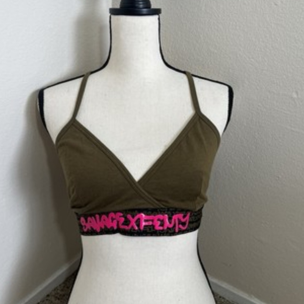 Savage X Fenty Seamless Bralette– Green & Pink Logo Band, Size L (New with Tags)